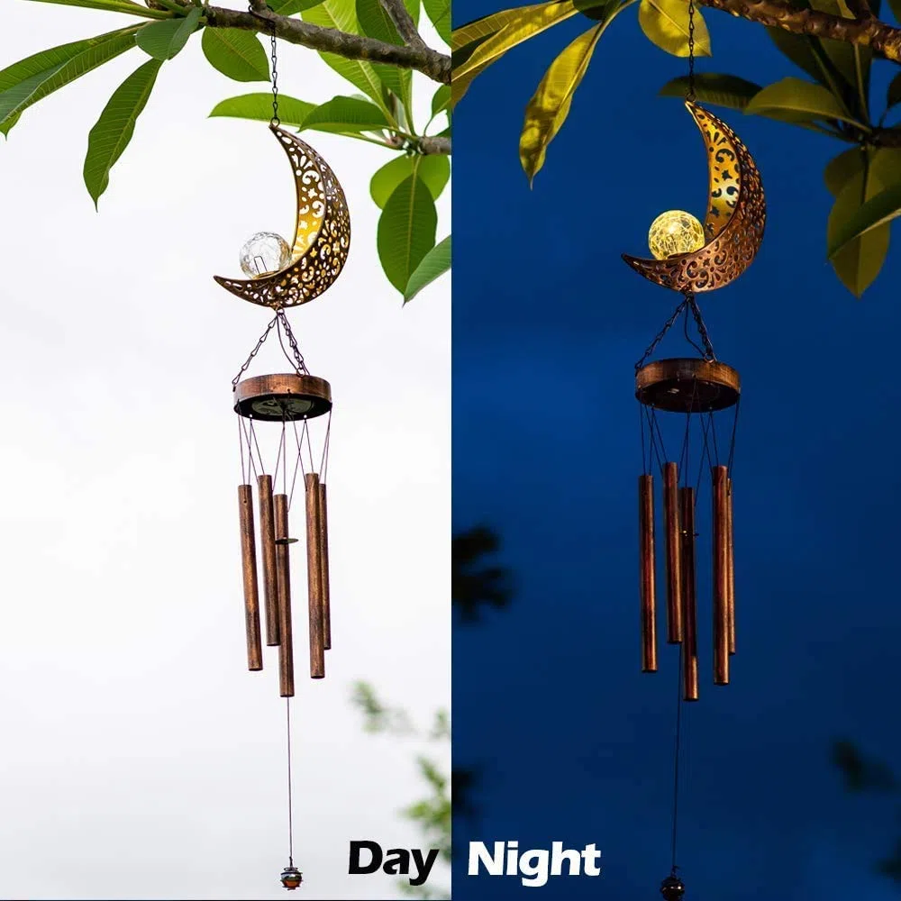 lifemet Campanelli a vento con luci solari a LED, luci notturne a forma di luna, per esterni, giardino, impermeabile, in metallo, per patio, terrazza, prato, cortile
