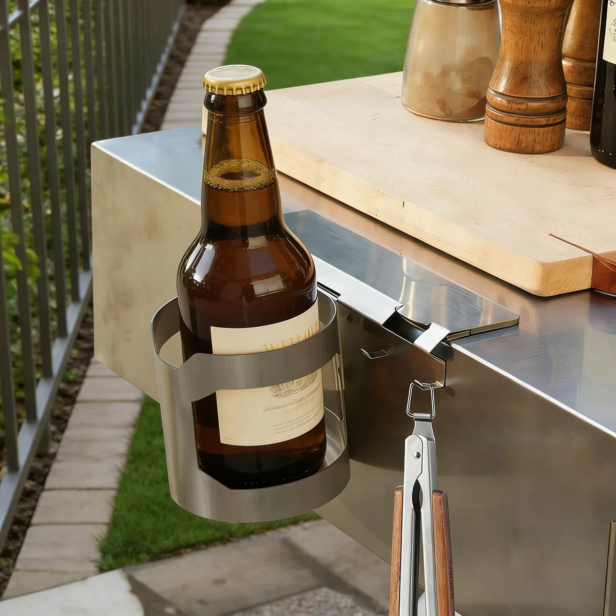 onlyfire Portautensili Magnetico per Barbecue a Gas, Porta Utensili Barbecue con Portabottiglie e 4 Ganci