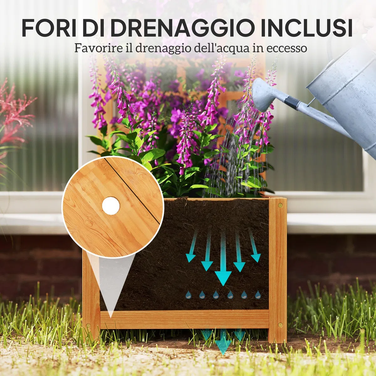 Outsunny Letto per Orto Rialzato da Esterno con Grigliato, Fioriera da Esterno con Foro di Drenaggio e Fodera Traspirante in Legno di Abete, per Fiori e Verdure, 40x40x120 cm, Marrone Chiaro