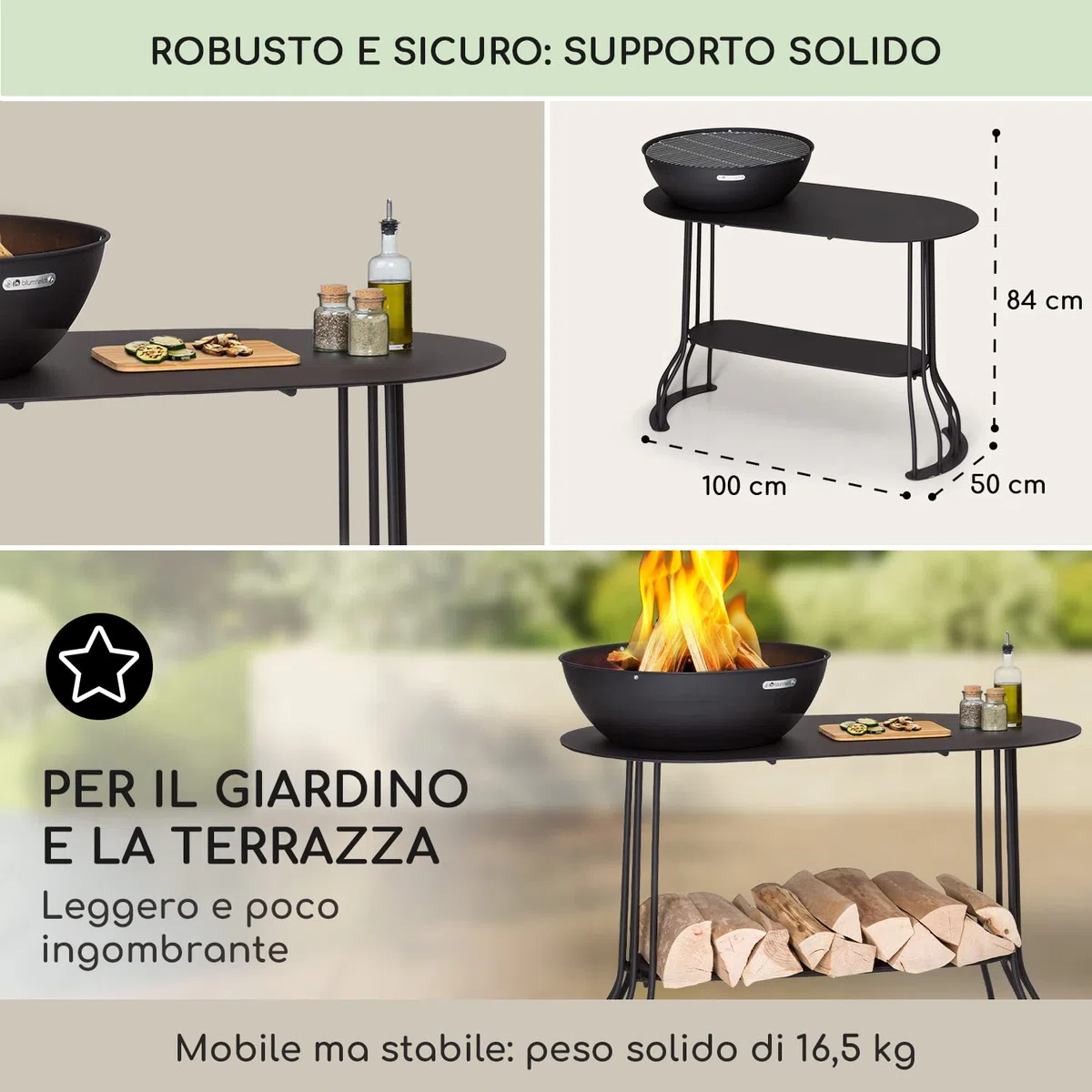 Blumfeldt Braciere da Giardino, Bracere da Esterno Portatile con Griglia, Braciere Barbecue con Griglia, Copertura Pioggia, Ciotola in Acciaio, Bracere da Esterno Legna, da Campeggio Ovale