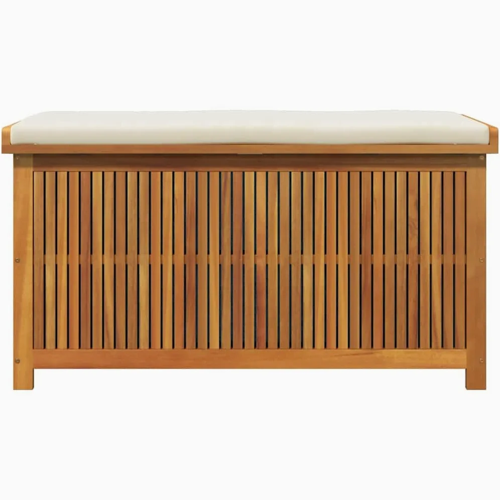 Scatola per cuscini esterni in acacia massiccia, 113 x 50 x 60,5 cm | Stoccaggio da giardino, borsa impermeabile integrata, doghe aperte, coperchio antipolvere