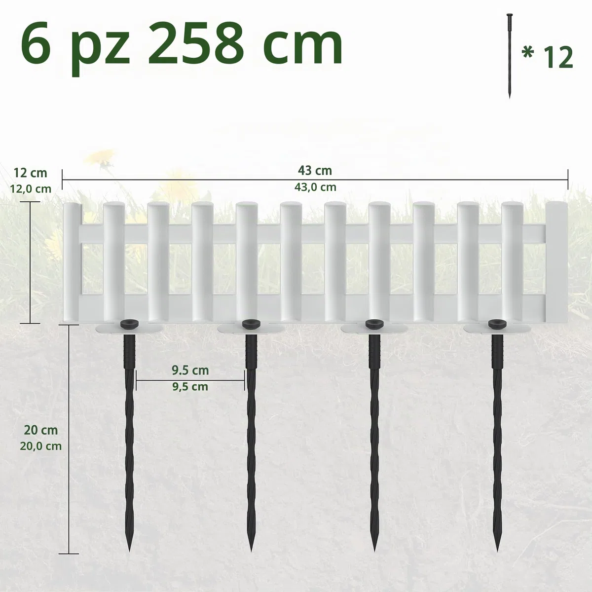 FIVMEN Bordo per prato in plastica 43x12 cm, recinzione per aiuola, delimitazione con chiodi a terra, recinzione flessibile per aiuola, recinto per giardino, 6 pezzi, bianco