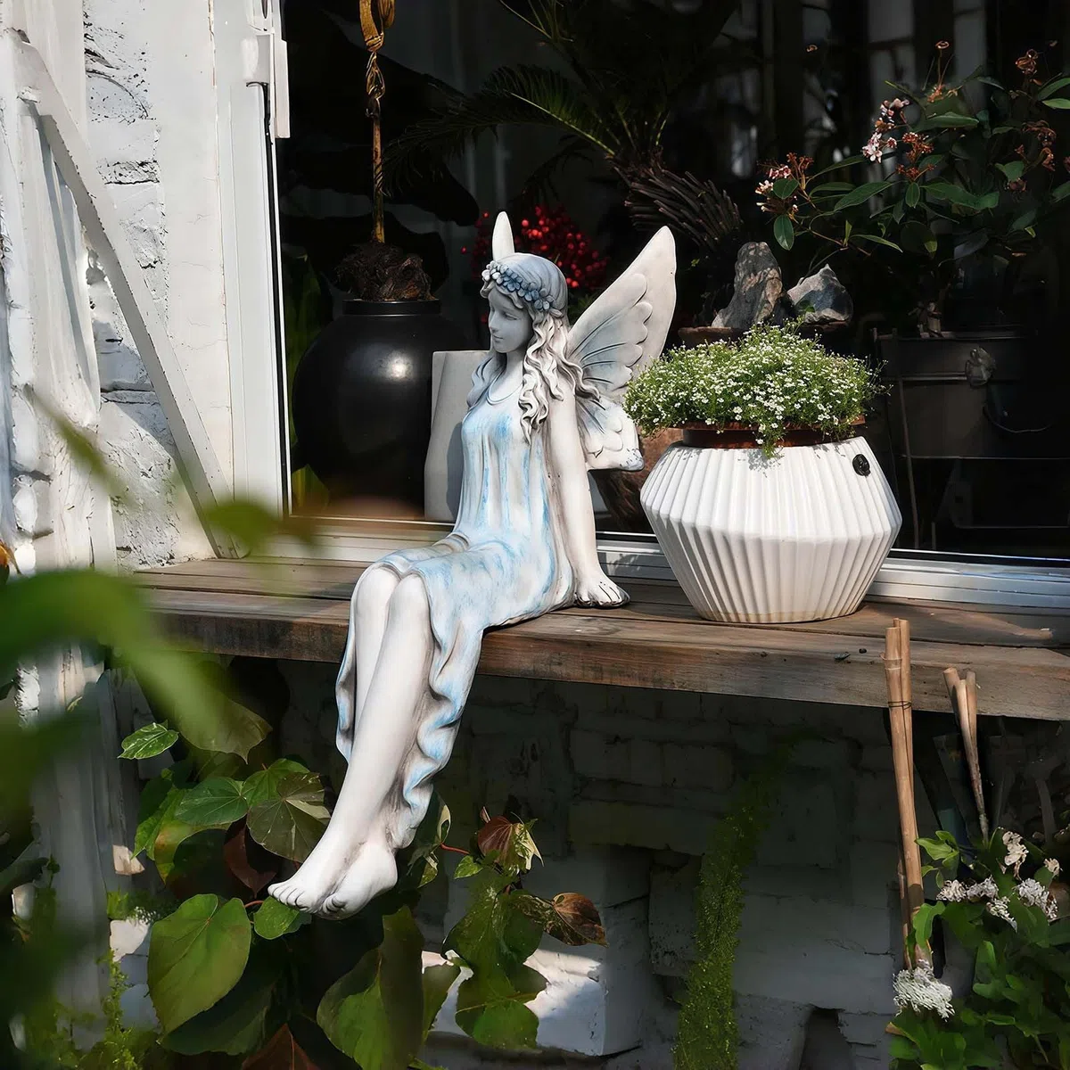 Grande statua da giardino delle fate, 62 cm, statua di fata seduta per esterni, in resina, scultura in resina per patio, cortile, portico, decorazione per la casa