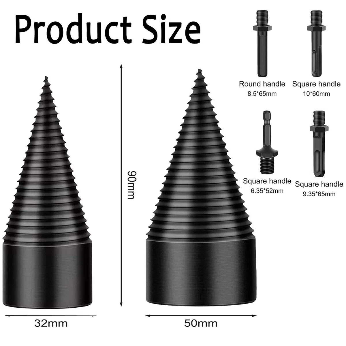 Spaccalegna Trapano 50 mm + 32 mm, Spaccalegna Trapano con 4 manici, Trapano conico per spaccare e forare il legno