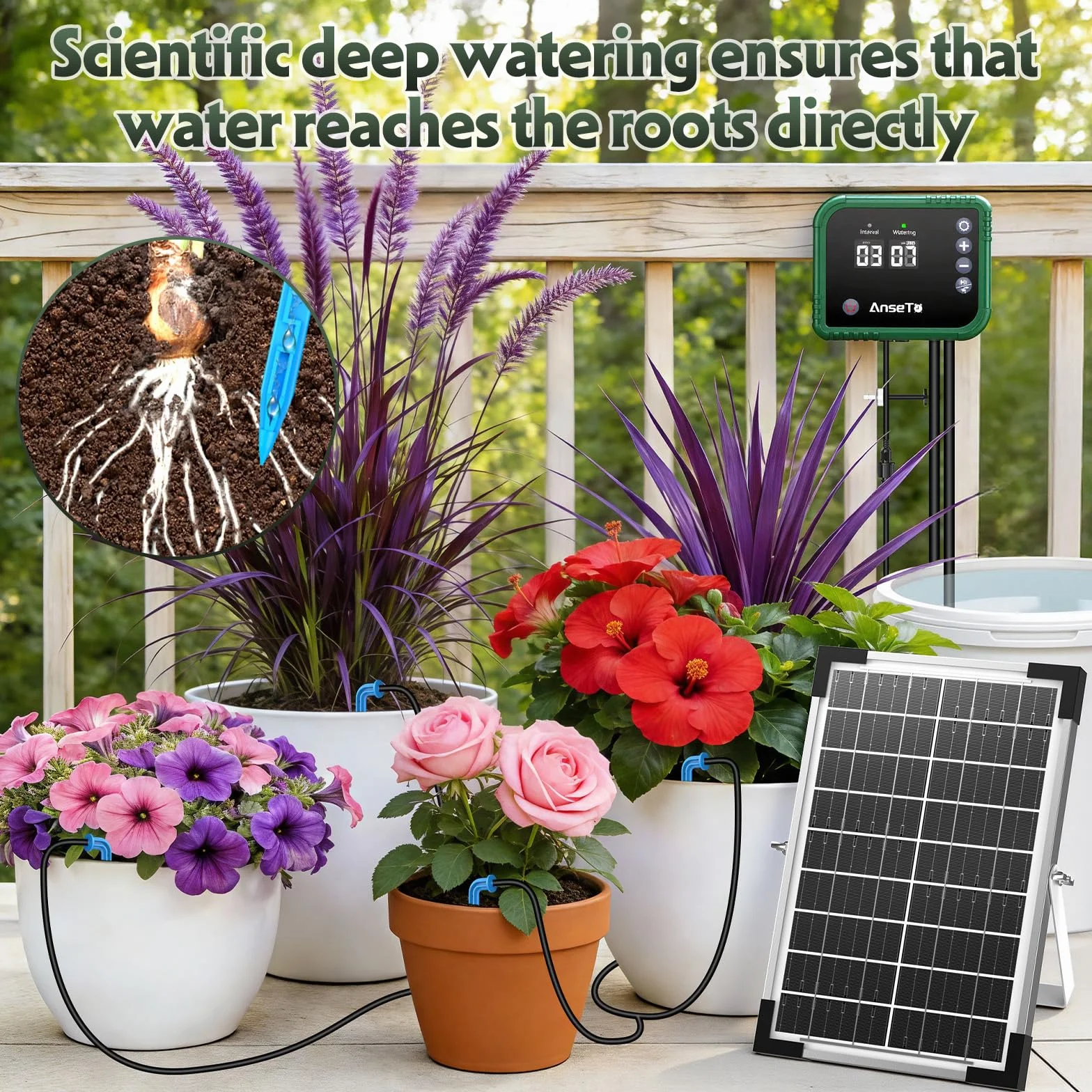Kit per Sistema di Irrigazione Solare 8W per Giardino/Balcone/Serra | Controller Intelligente Regolabile con 30 Gocciolatori per Irrigazione Automatica di Orti, Serre, Aiuole e Piante in Vaso