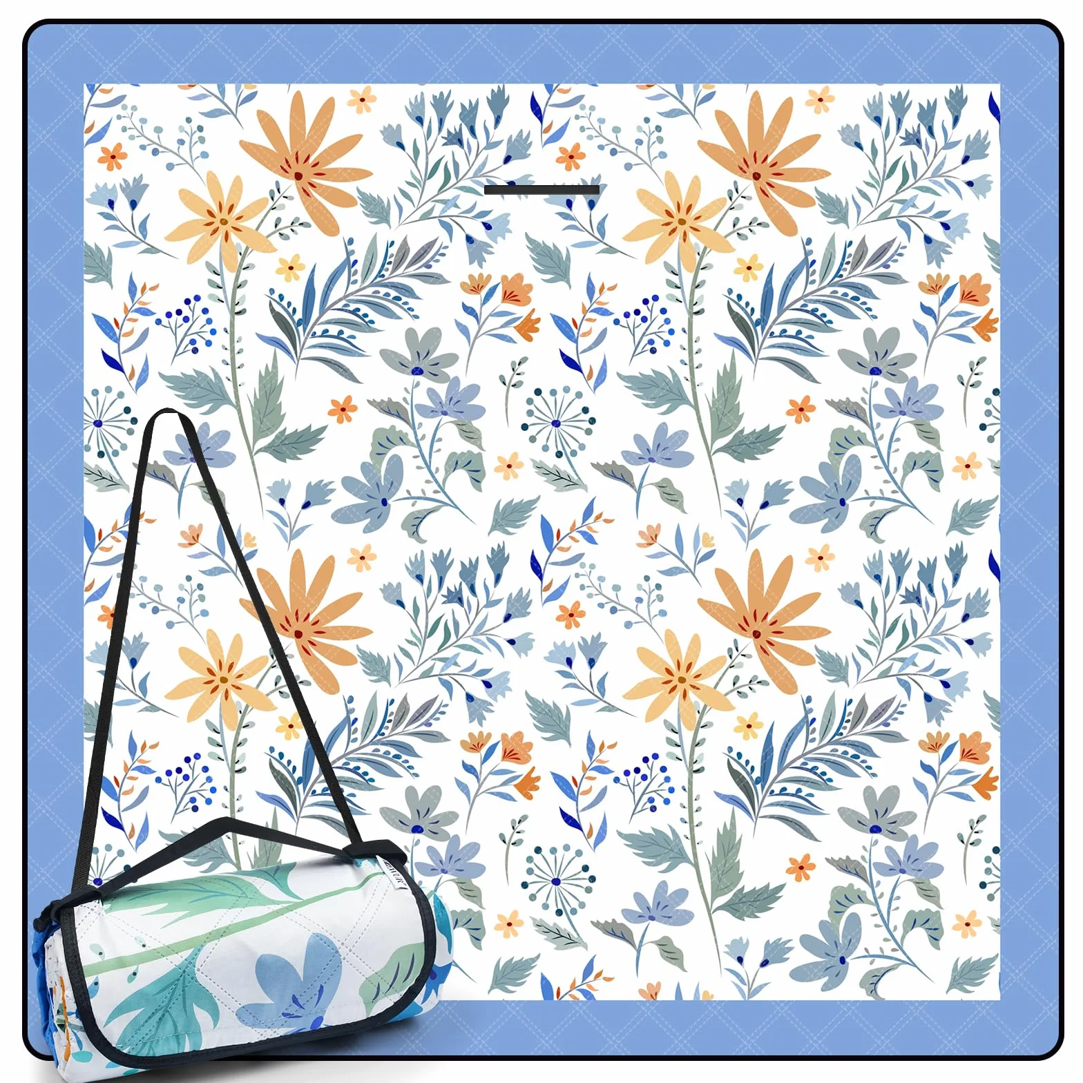 DEWUR Coperta da picnic coperta da spiaggia lavabile impermeabile Sandfrei XXL coperta da campeggio coperta da spiaggia isolata con parte inferiore impermeabile (200x200cm, bianco con fiori)