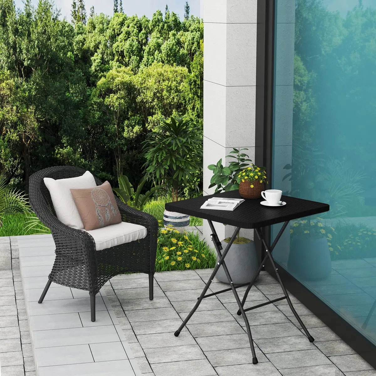 eSituro Tavolo Pieghevole da Balcone, 61x61x73cm, Tavolino da Esterno in Stile Rattan, Tavolo Richiudibile Salvaspazio con Struttura in Metallo, per Giardino, Terrazza, Nero