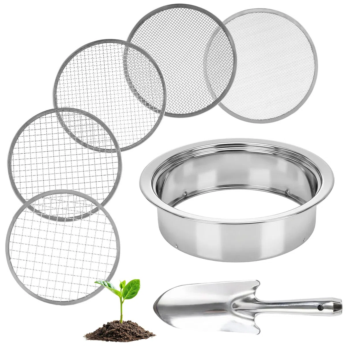 5 in 1 Setaccio da Giardino in Acciaio Inox Ø maglie 1, 3, 6, 9, 12 mm Setaccio per Sabbia + 1 Vanga a Mano Per Terra, Pietre, Compost, Erbacce e Sabbia