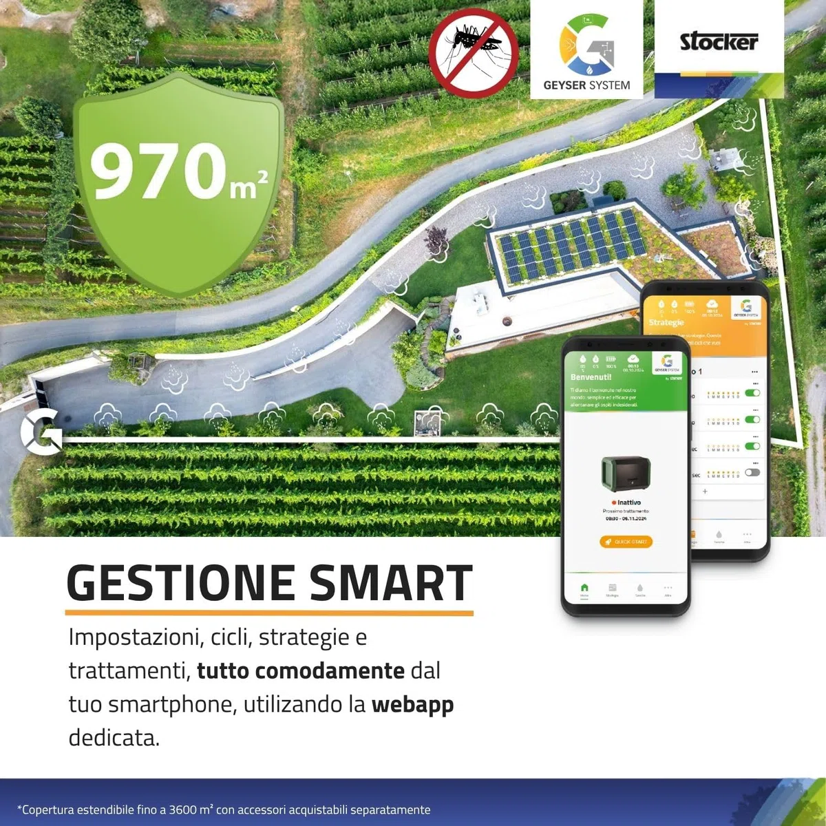 STOCKER - Kit Geyser Pro Completo 41502 - Sistema Antizanzare Automatico WiFi 240W 12 Bar, Copertura fino a 970 m² Estendibile a 3600 m², 125 m Tubo, 10 L Liquidi, Alimentazione 220V
