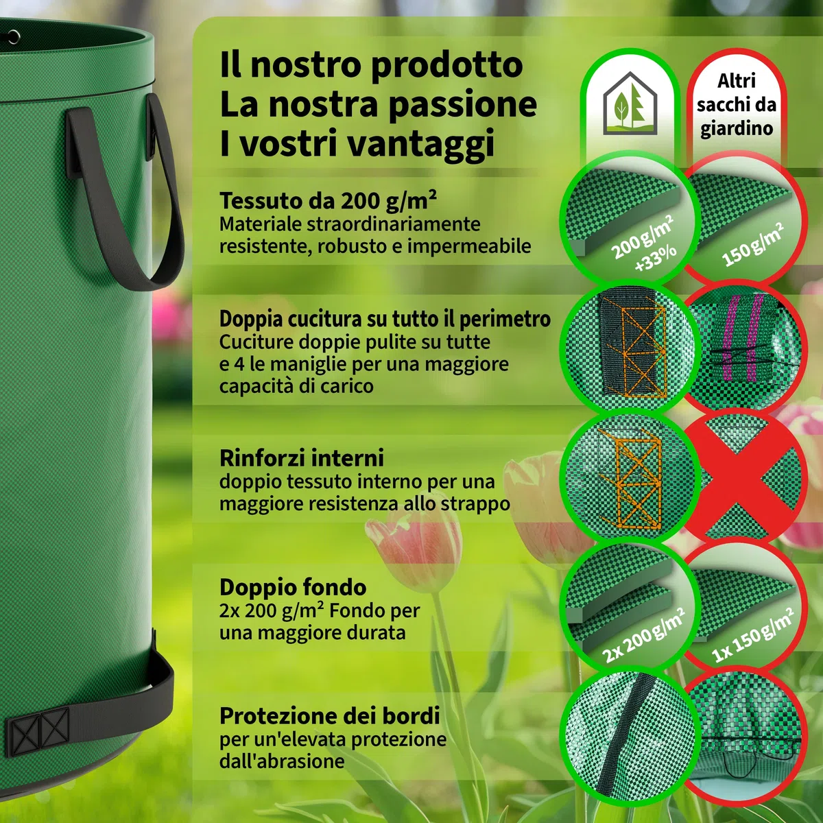 TTL Garden 2 sacchi da giardino Super Solid, 272 l, colore verde, doppio fondo, 2 x 200 g/m², extra stabili e antistrappo, 4 manici, grandi e robusti, set da 2 sacchi per foglie, siepe, rifiuti da