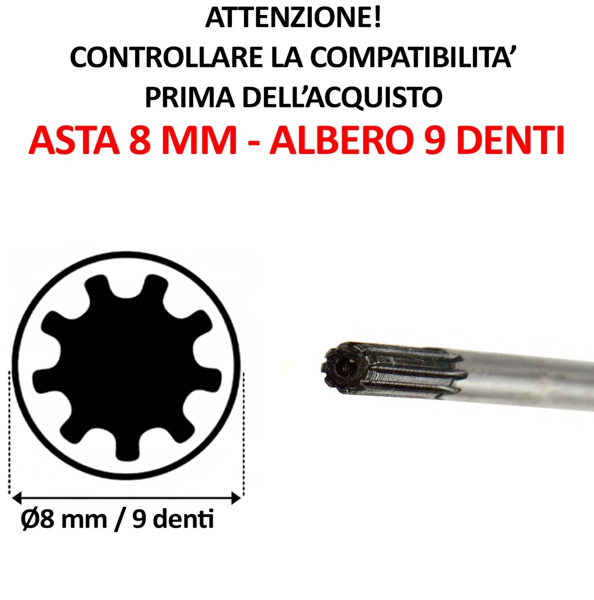 Asta di Trasmissione | per Decespugliatore | Lunghezza totale 153 cm | Diametro Ø8 mm | 9 Denti | in Acciaio Temprato | Pezzo di Ricambio