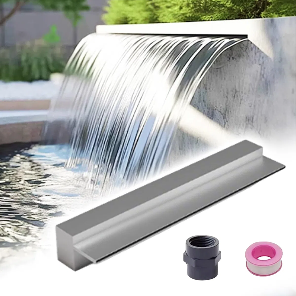 Decorazione per flusso d'acqua in acciaio inox, 20/30/40/50/60/80/100/150/200 cm, cascata per giardino, patio, piscina, spa, per stagni all'aperto (argento 90 cm)