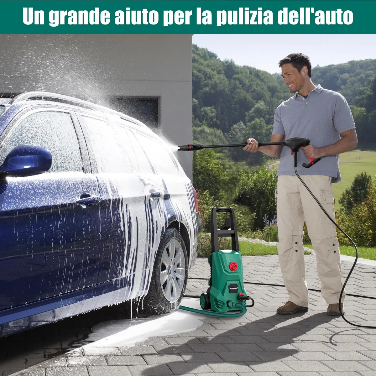 HYCHIKA Idropulitrice, 110 Bar Max Portata 410 l/h 1500W Lavatrice Portatile per con Serbatoio di Schiuma, Tubo Flessibile ad alta Pressione 5m, Cavo 5m, perfetta per Recinzione Auto Cortile