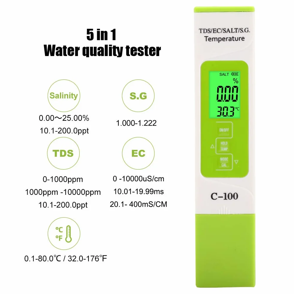 Tester di Salinità TDS EC, Tester di Qualità Dell'acqua C-100 5 in 1, Misuratore di Temperatura, Penna di Test per Rilevatore di Qualità Dell'acqua, Tester Multifunzione per Acqua di Mare con Retroill