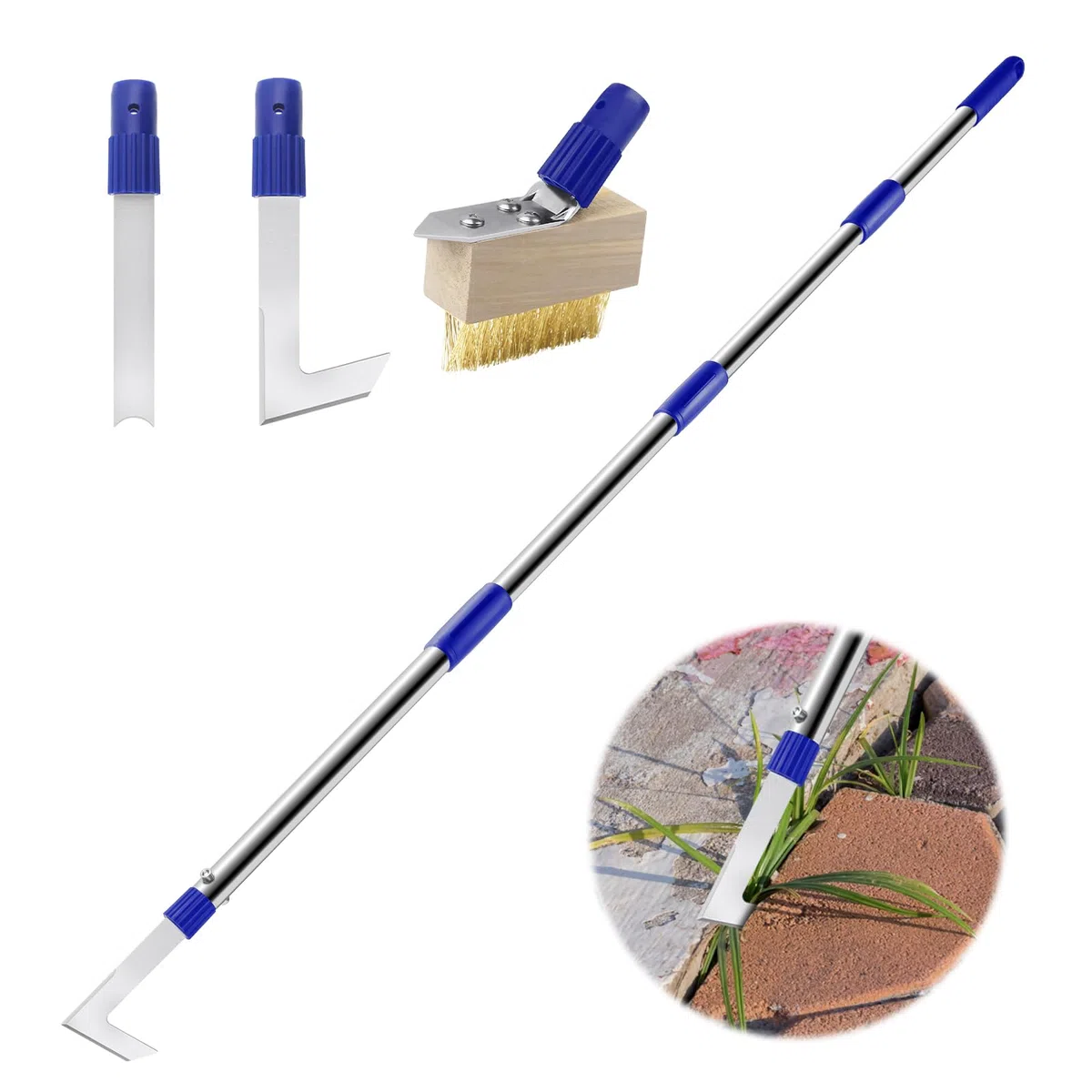 Strumento per rimuovere le erbacce da patio con manico lungo, raschietto per erbacce e spazzola metallica per erbacce, 152,4 cm, strumento per rimuovere erbacce e muschio, 3 diversi strumenti per