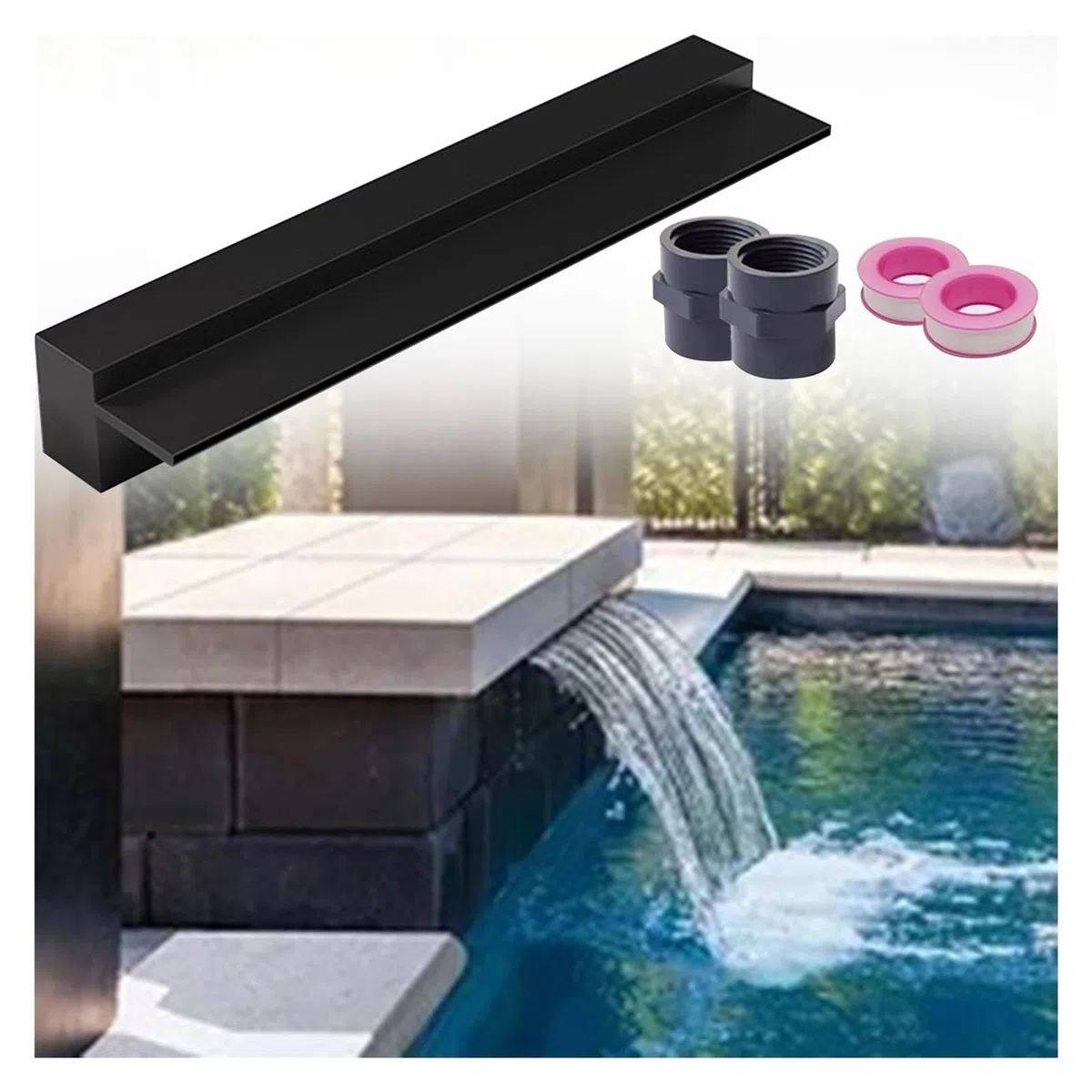 Fontana per piscina in acciaio inox, uscita a parete da 102-182 cm, con connettore per tubi, per giardino, stagno dei pesci, patio e terrazza, finitura nera durevole