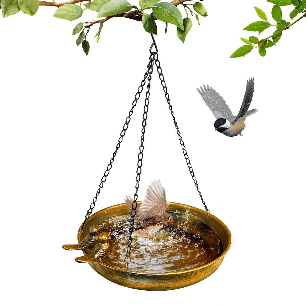 Mangiatoia per uccellini da esterno appendere, abbeveratoio per uccelli con uccellini decorativi in metallo balcone e terrazzo, beverino uccelli selvatici da giardino, bird feeder
