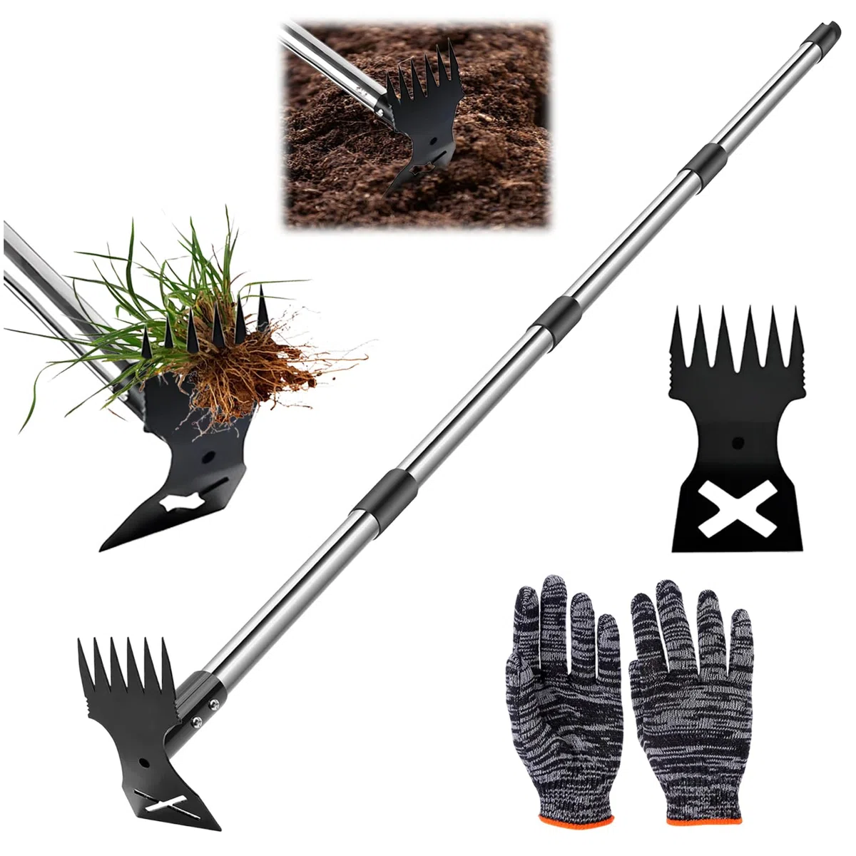 Attrezzo per Estirpare le Erbacce, Rastrello Manuale 2 in 1 e Zappa da Giardino Rastrello Sarchiatore Estirpatore Erbacce Manuale con Manico Lungo per Giardino Prato Patio
