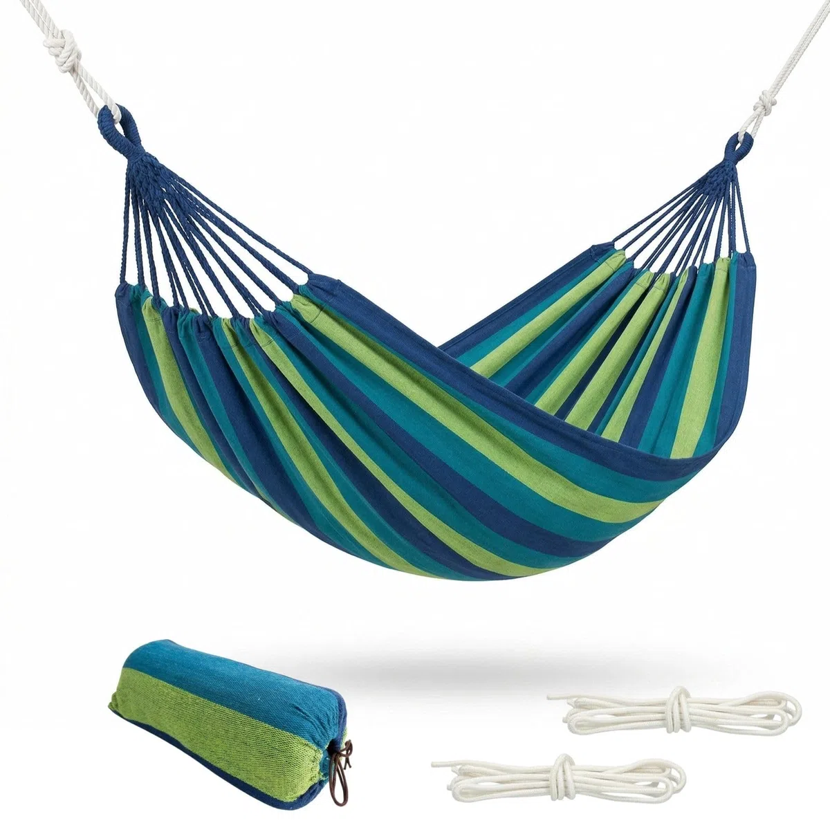 Amaca in Poliestere, 200 x 100 cm, Portata 150 kg, Leggera 800 g, con Corde, per Giardino, Campeggio, Spiaggia (Blu)