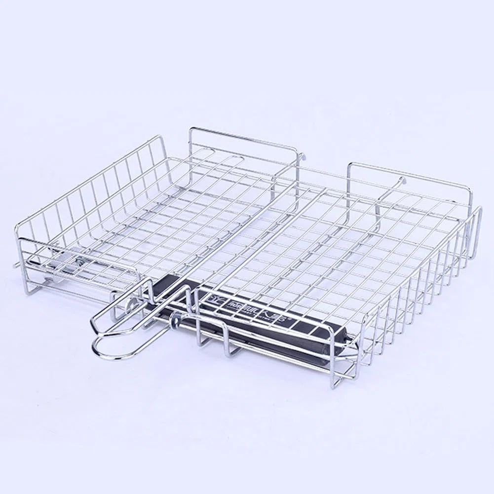 Cestino pieghevole in acciaio inox per barbecue con manico rimovibile, rete portatile per barbecue per campeggio e cucina all'aperto, 64,5 x 31 x 5 cm
