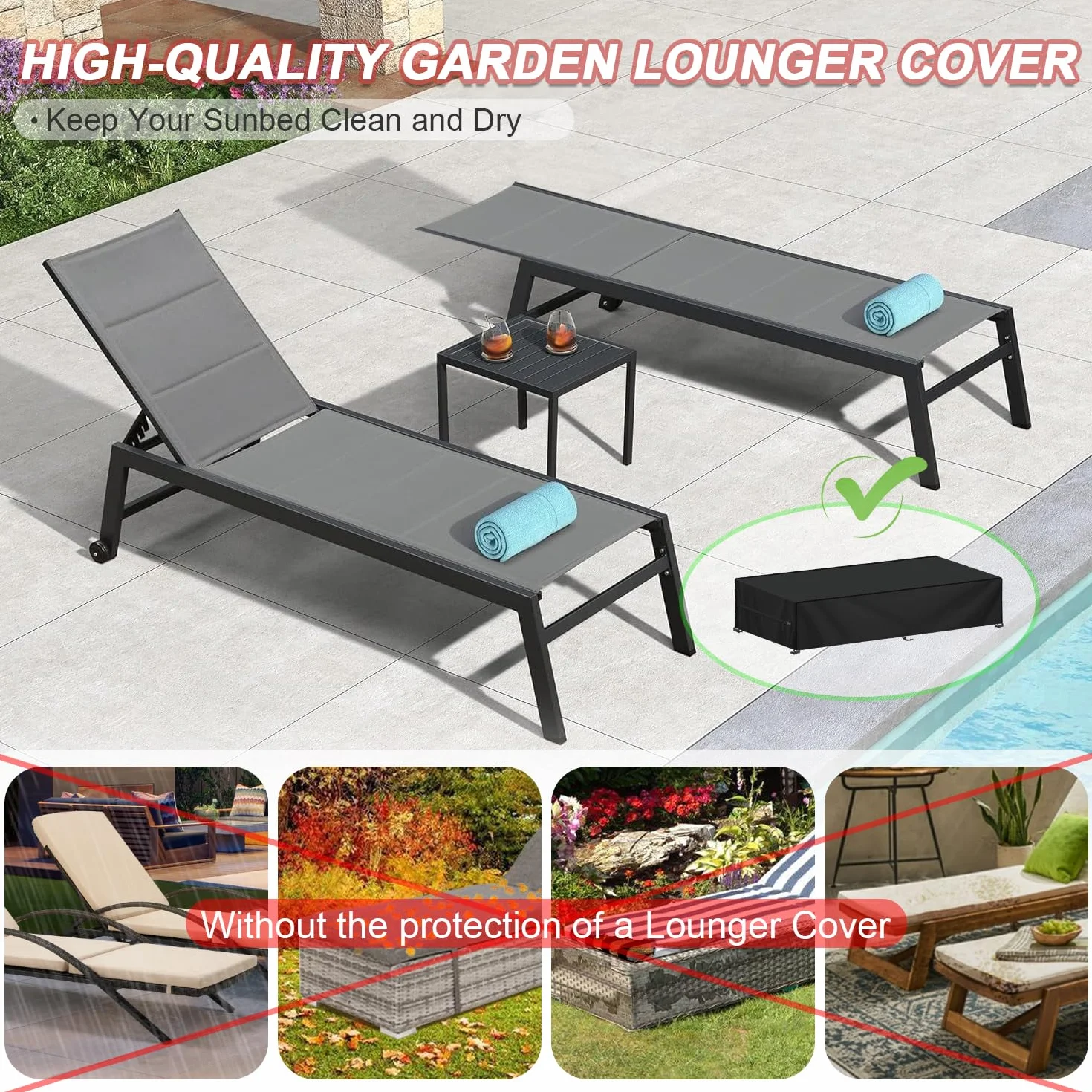 LAMUNI Copertura Sdraio da Esterno Telo Copri Lettino da Giardino, 420D Oxford Coperture per Lettini Prendisole da Giardino, Antivento, Anti-UV Copertura Impermeabile per Sdraio, 218x77x55cm
