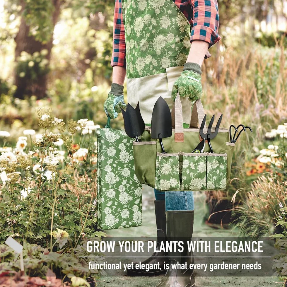 Colwelt Set di attrezzi da giardino, resistenti attrezzi da giardinaggio con manico in legno, tra cui borsa da giardino, ginocchiera, guanti, trapiantatore, coltivatore, regali di giardinaggio per