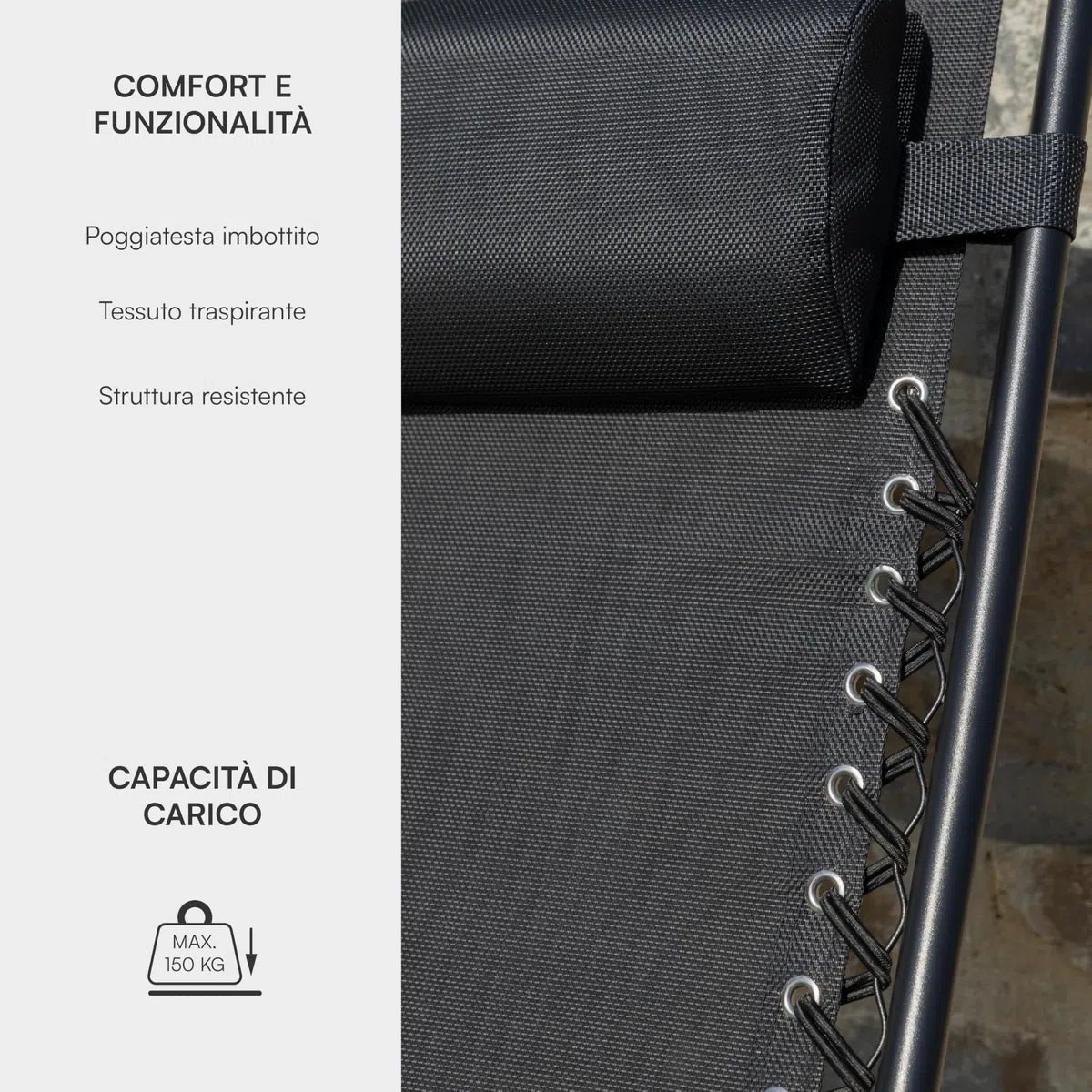 Baroni Home Sedia Sdraio Zero Gravity da Giardino, Chaise Longue Pieghevole da Esterno, Sdraio Salvaspazio per Piscina e Terrazzo, Poltrona Relax, 165x65x93 cm Nero