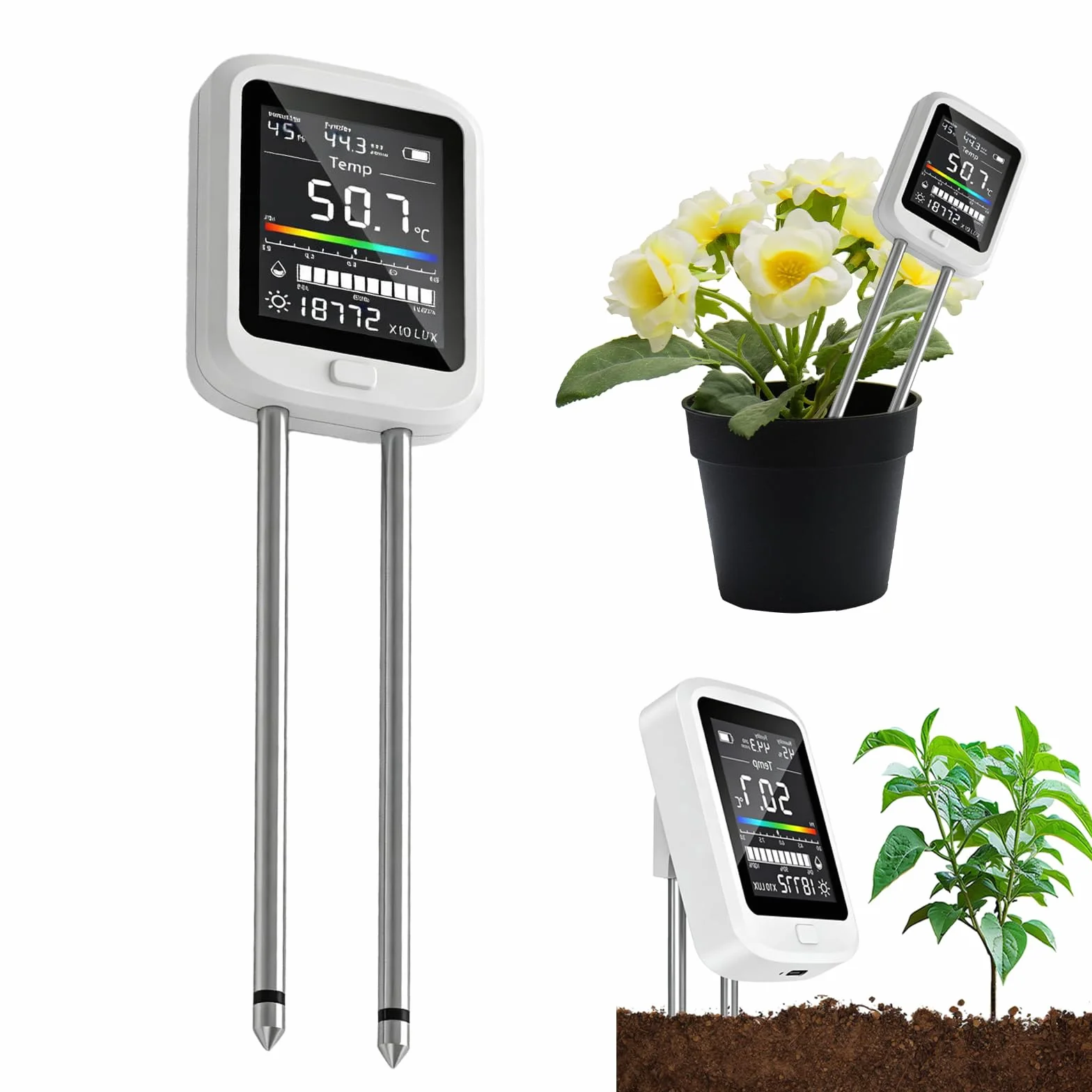 PH Terra, Misuratore di umidità 6 in 1, per piante digitali, misuratore di umidità per terreno con valore PH temperatura umidità luce fertilità per giardino, prato, agricoltura