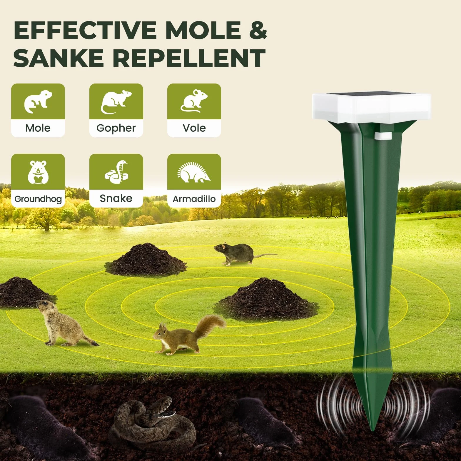 Dissuasori per Talpe, 3 Modalità di Vibrazione Scaccia Talpe con Luce LED, Solare e Impermeabile Dissuasori per Scoiattolo, Ratti e Serpenti, per Prati, Cortili e Giardini (4, Verde)
