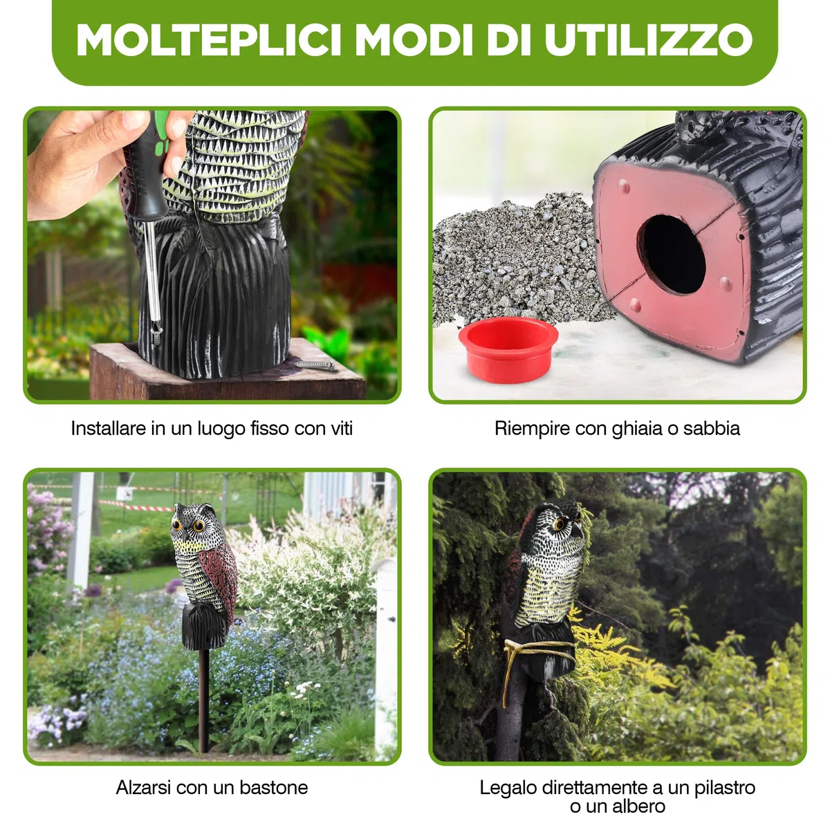ISOTRONIC richiamo Gufo Controllo Uccelli spaventapasseri Realistico Testa oscillante Repellente piccioni Giardino Balcone frutteto 1 Pezzi Efficace Esterno Protezione Difesa Stop volatili visivo