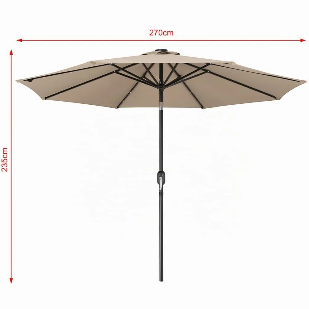 BAKAJI Ombrellone da Giardino Diametro 270 cm con Luci Led e Sistema Antivento, Parasole da Esterno con 8 Ribs Stecche, Airvent, Ideale per Bar, Ristorante, Patio, Balcone, Apertura Manovella