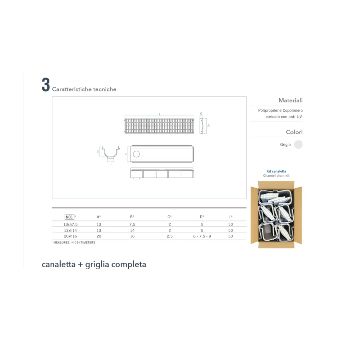 Canaletta Drenaggio Acqua Piovana - Kit Canalina completa con griglia 13X50 H 14 - Design modulare - Facile pulizia - Ideale giardini, cortili, bordo piscine - Antiscivolo - MADE IN ITALY