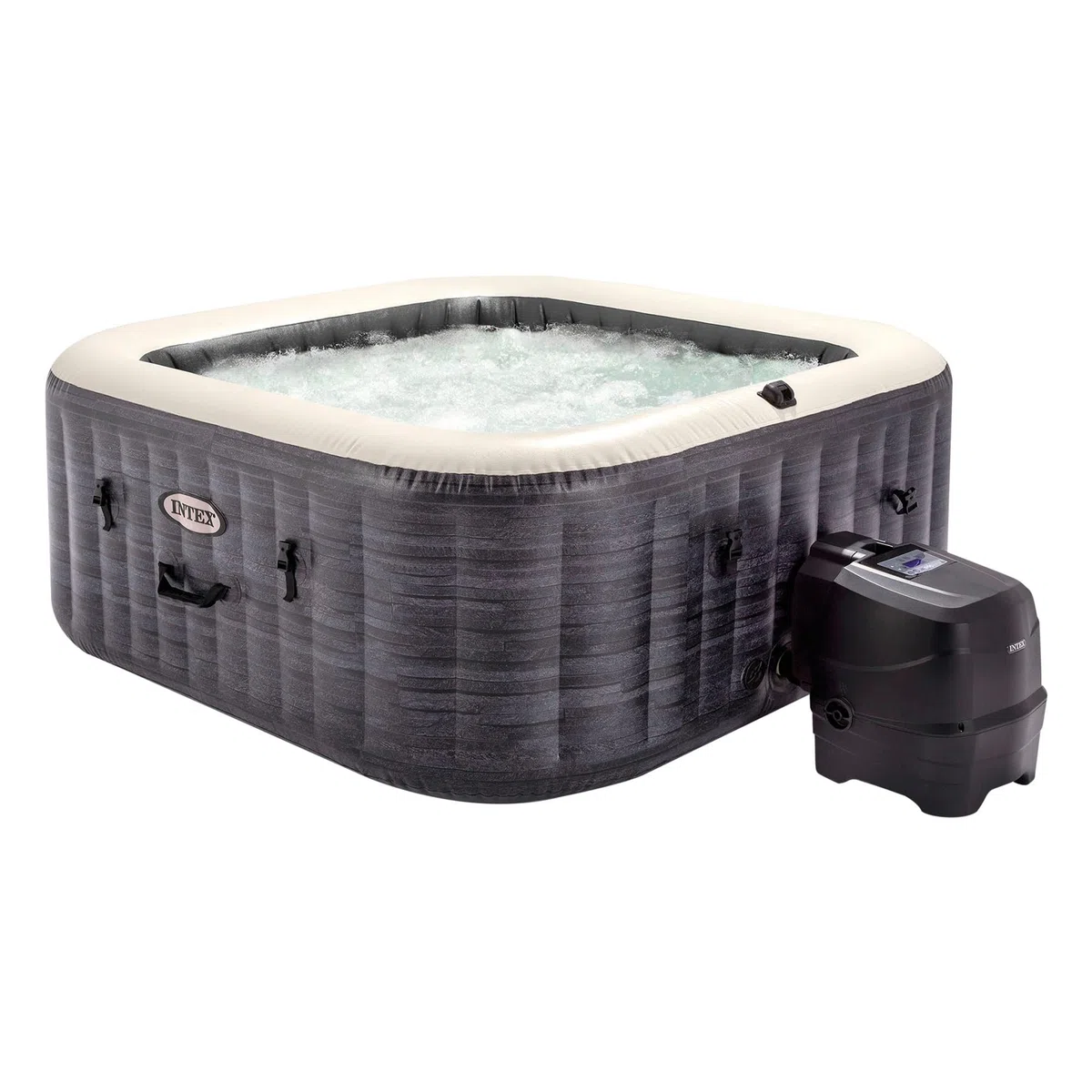 Intex 28450NP - Idromassaggio Gonfiabile Quadrato PureSpa Greystone Deluxe, 4 Posti, 140 Getti, PVC, Grigio, 175x175x71 cm