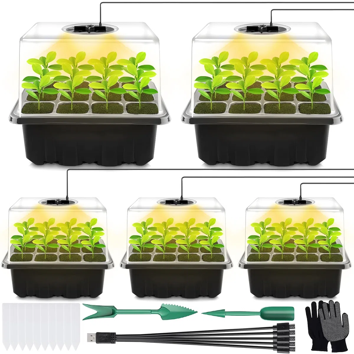 ZLPBAO Mini Serra Germinazione, Confezione da 5 vassoi per semi con luce di coltivazione per serre e giardini,Mini Serra per Piantine Semina Germinazione di Piante in Crescita
