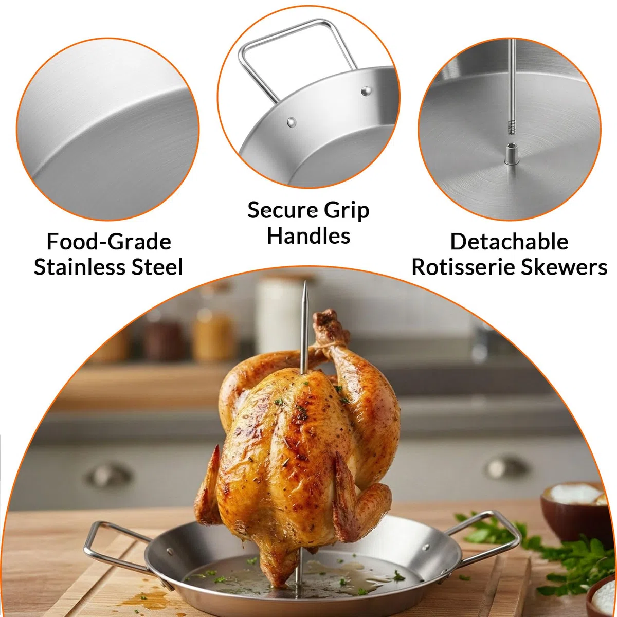 Supporto Verticale per Kebab in Acciaio Inox, Spiedo Verticale Acciaio con 5 Spiedi Rimovibili e 2 Pennelli Silicone, Teglia da 25 cm per Shawarma, Gyros, Pollo Arrosto, Carne, Forno e Barbecue