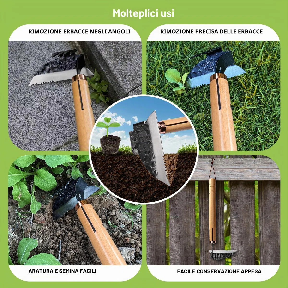aon Giapponese Estirpatore Erbacce Manuale & Zappetta da Giardino, Acciaio Forgiato con Bordo Affilato e 4 Denti per Diserbare, Togliere Erbacce e Lavorare Terreno in Orto, Giardino e Aiuole Rialzate