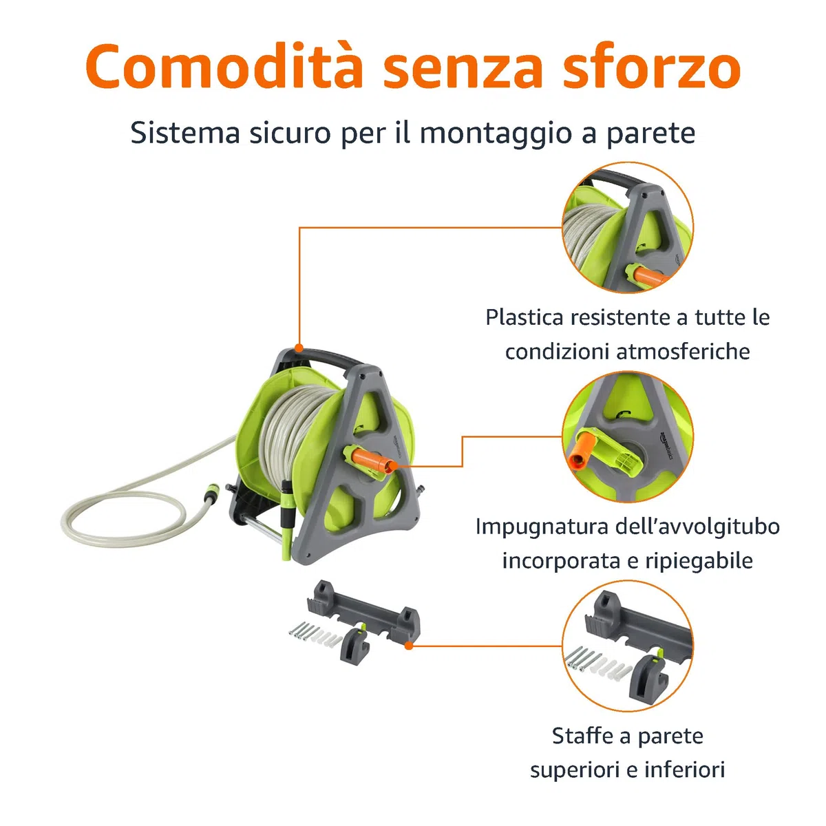 Amazon Basics Avvolgitubo da parete con tubo da 30 m, Verde/Grigio