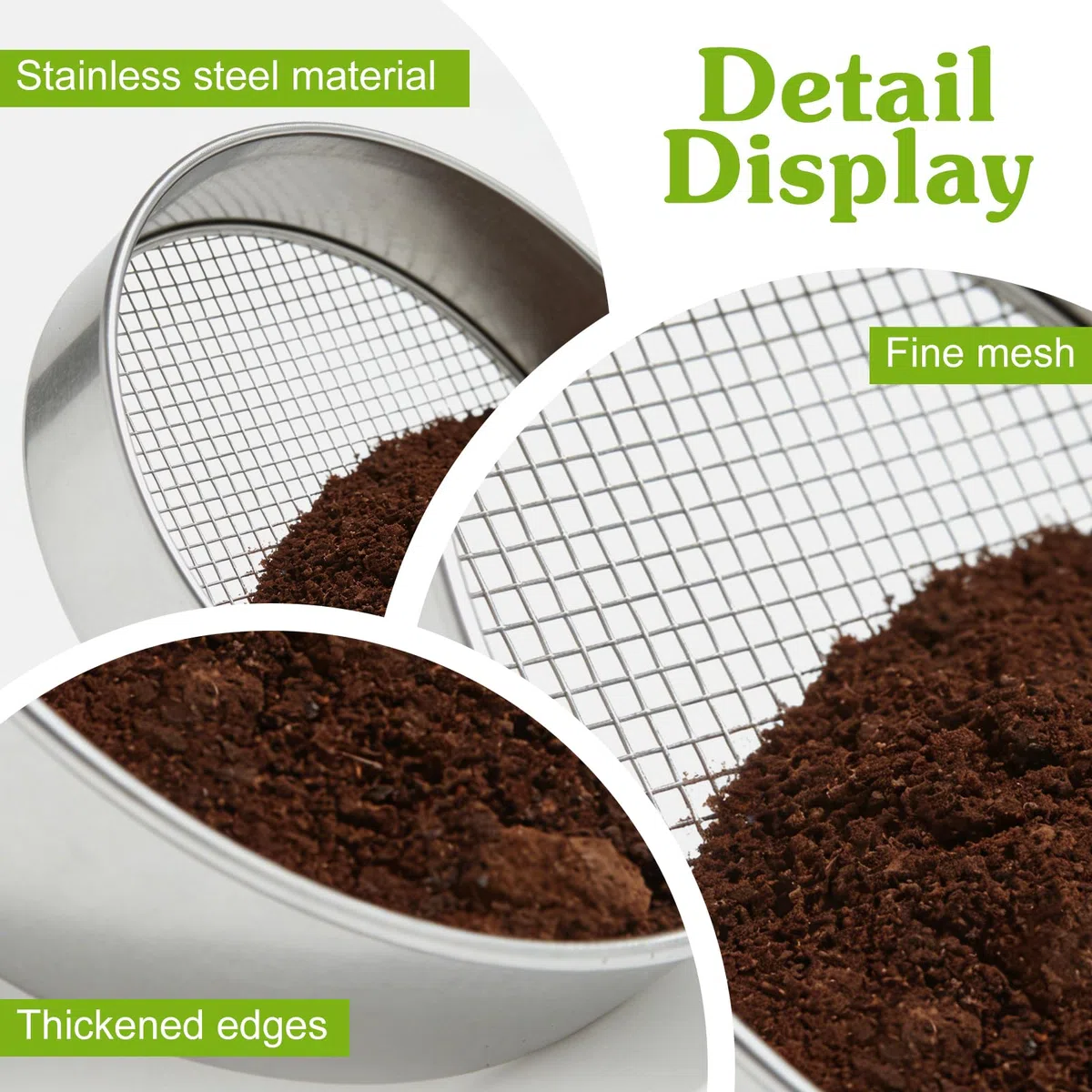 GOMETY Colino da giardino in acciaio inox 5 in 1, colino per compost rotondo, 20 cm, con 5 inserti intercambiabili Ø 3/6/9/10/12 mm, filtro per terra per compost di terra, con paletta da giardino e