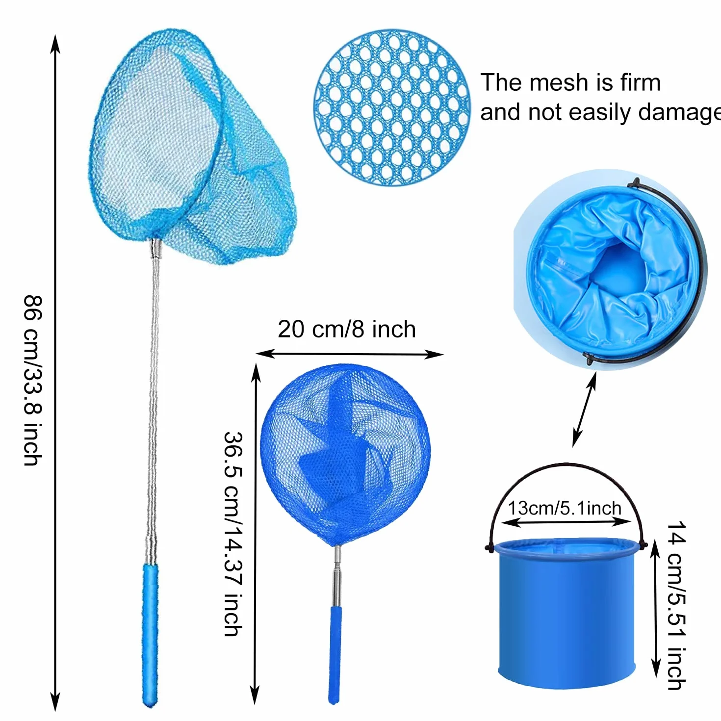 1 Pack Kids Telescopic Butterfly Net Fishing Net Pond Net Extendable (14.5 to 33.8 Inches) With 1 Pack Folding Bucketfor Kids Catching Bugs Insect Small Fish Outdoor Beach Garden Activities