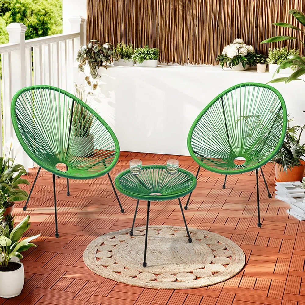 BAKAJI Set da Giardino in Polyrattan con 2 Sedie e 1 Tavolino, Design Intrecciato, Salotto da Conversazione per Esterni, Salottino Ideale per Patio, Balcone, Ristorante, Bar (Verde)