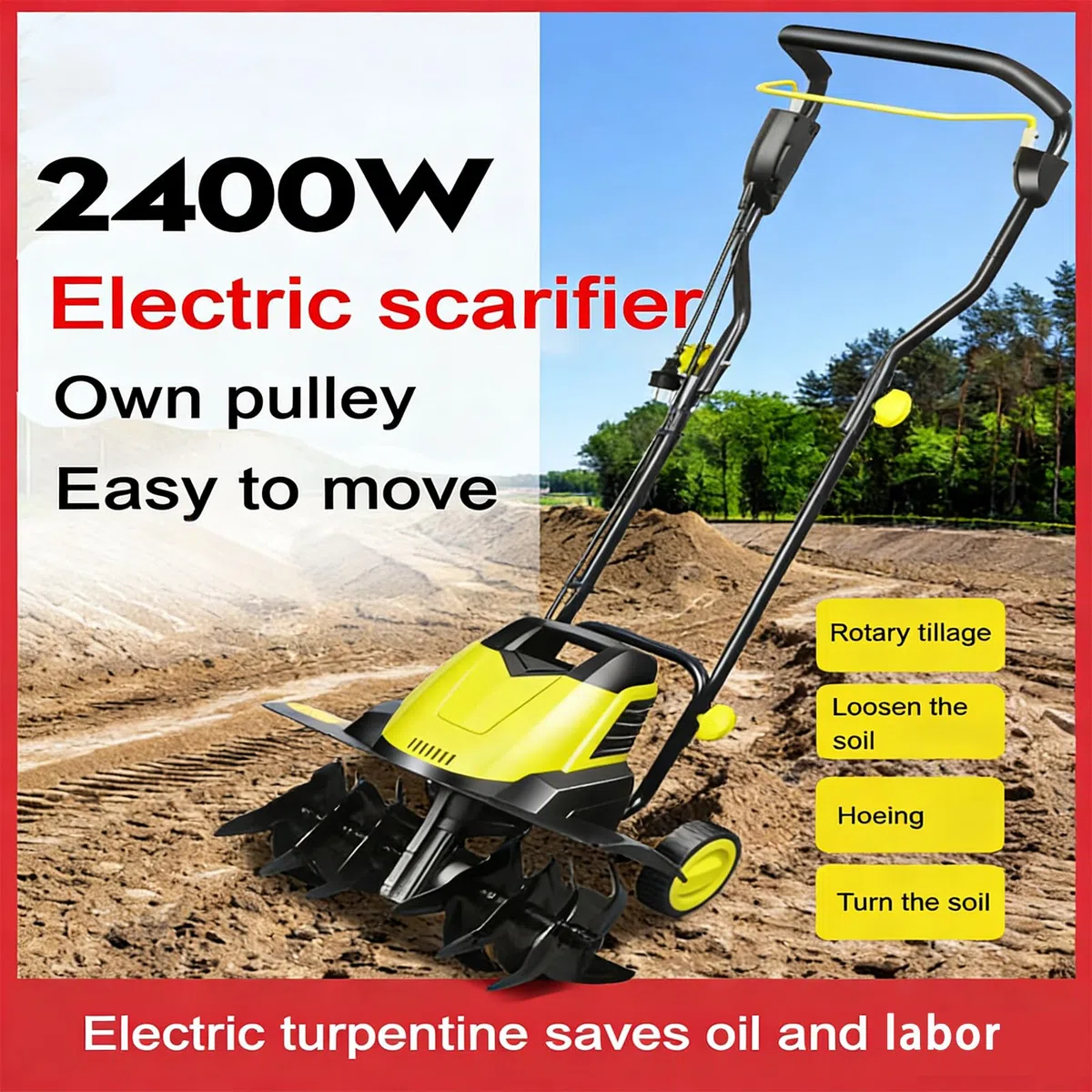Generico Elettrico Coltivatore 2400 W, Diserbo con 3 Lame, Cavo di Prolunga, profondità di Lavorazione 22 Cm, Larghezza di Lavoro 45 Cm, Motozappa Multifunzionale per Giardino