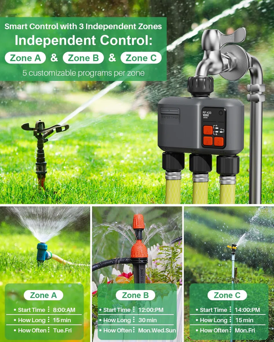 johgee Timer Irrigazione WiFi 3 Vie con Tecnologia RF 300M, Centralina Irrigazione WiFi, Compatibile con Alexa & App, Temporizzatore Irrigazione con 2 modalità & Ritardo Pioggia per Giardino, Prato