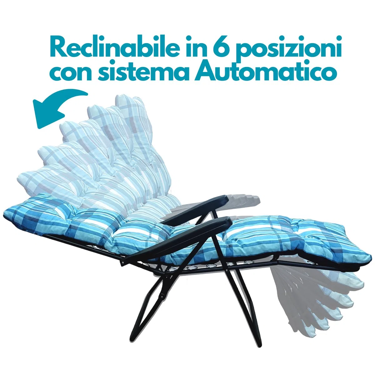 Marvin Sdraio da Giardino con Poggiapiedi Reclinabile Regolabile in 6 Posizioni Flock, Poltrona Sedia Sdraio con Cuscino Imbottito 8cm Braccioli Automatica Interno o Esterno (Azzurro scozzese)