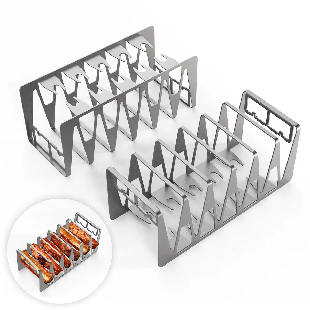Spareribs, supporto per cosce di pollo, accessorio per barbecue in acciaio inox, facile da grigliare indirettamente, griglia multifunzione per uomini e anche un buon regalo (set da 2, argento