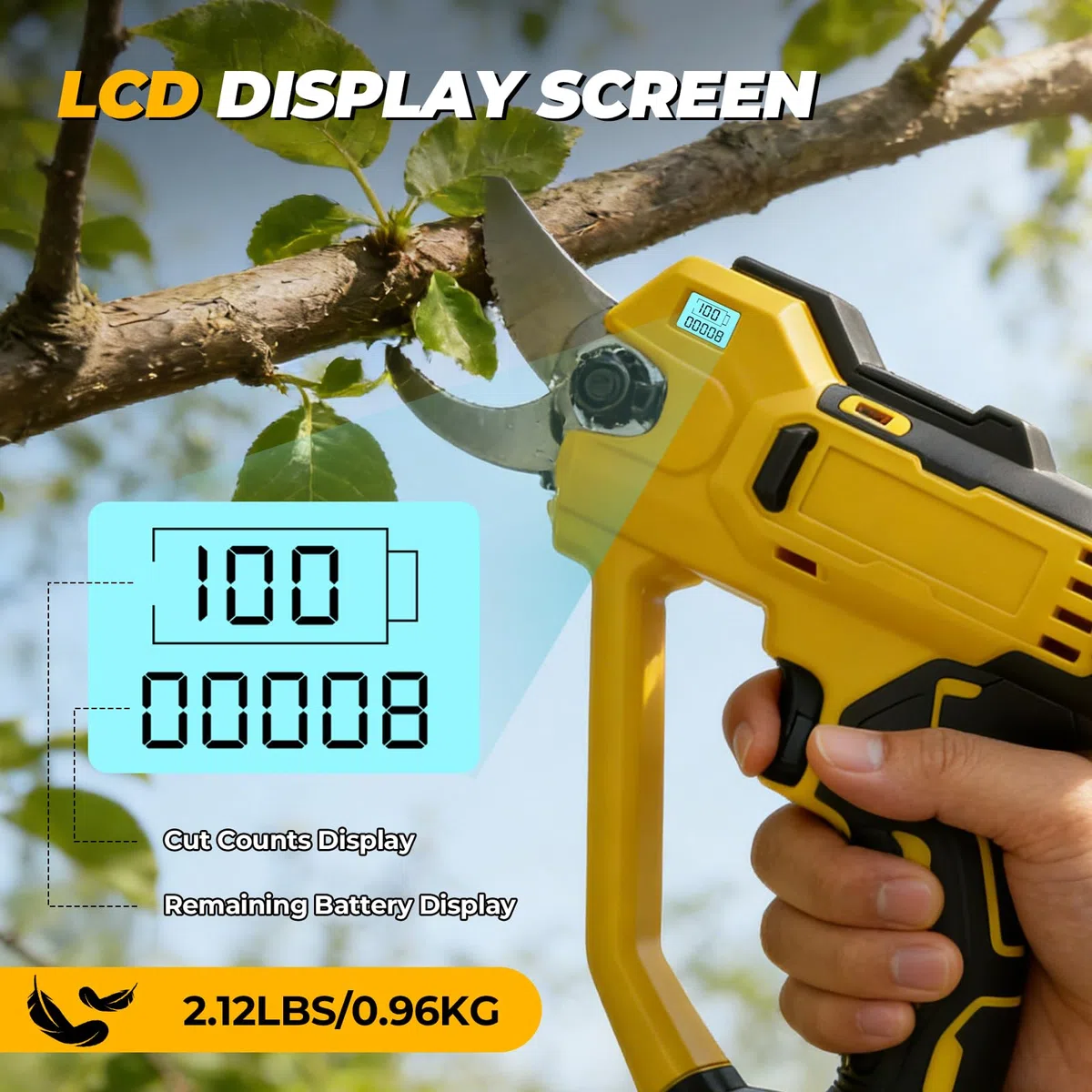 Forbici da giardino elettriche compatibili con batteria Dewelt da 18 V, forbici da giardino leggere da 35 mm, senza spazzole per giardini, frutteti a 2 marce, display digitale, lame di ricambio SK5