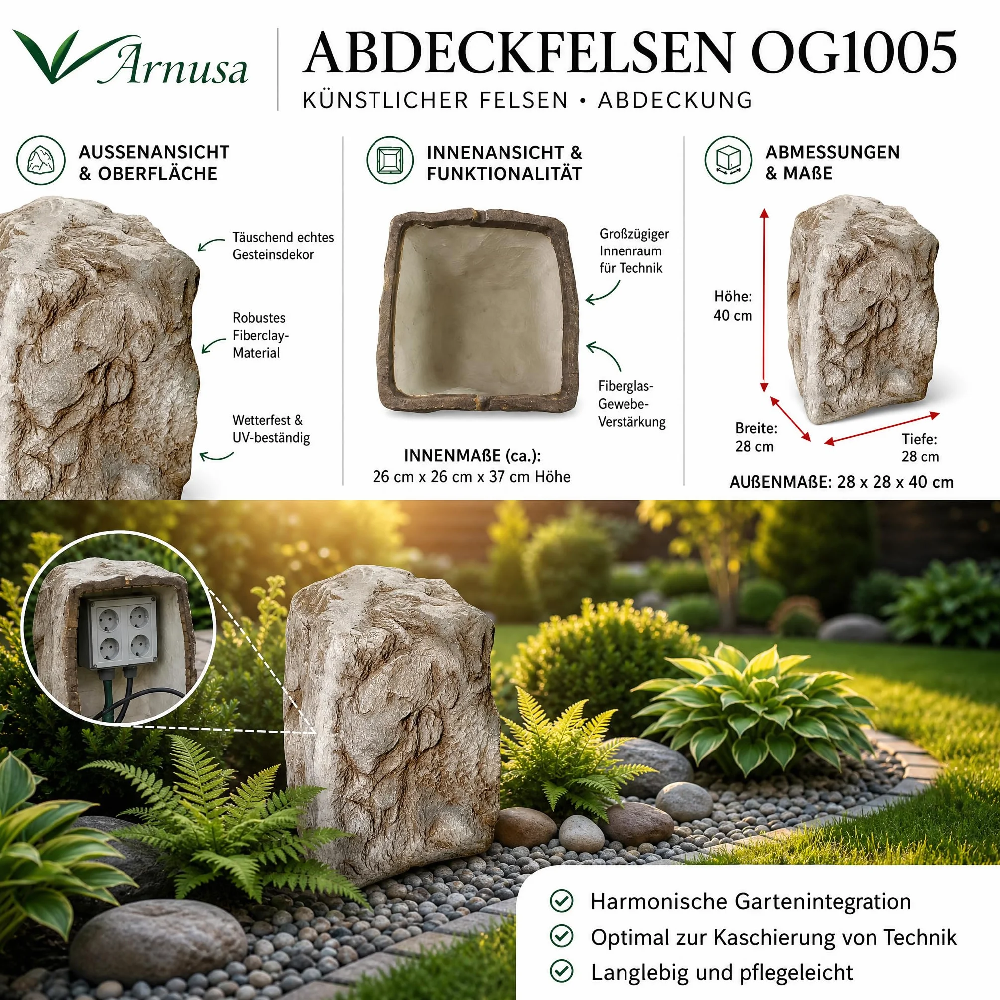 Copertura per rocce da giardino, effetto arenaria, rocce artificiali, 28 x 40 cm, copertura pompa