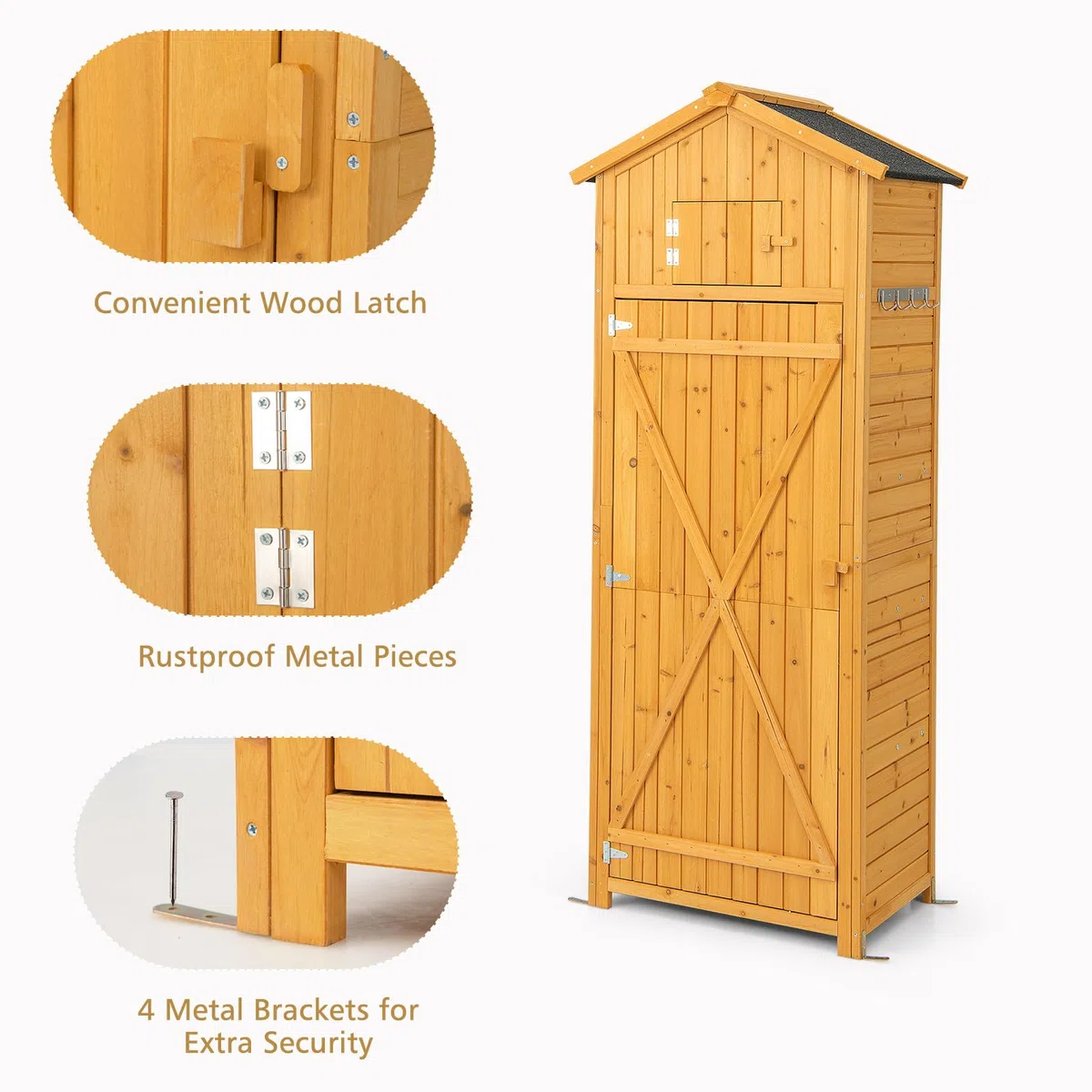 KOMFOTTEU Casetta da Giardino in legno, Capanno per Attrezzi Multifunzione, Armadietto da Giardino con Tetto a 2 Falde, Scaffale, Tavolo Pieghevole, 65 x 42 x 180,5 cm, Colore Naturale