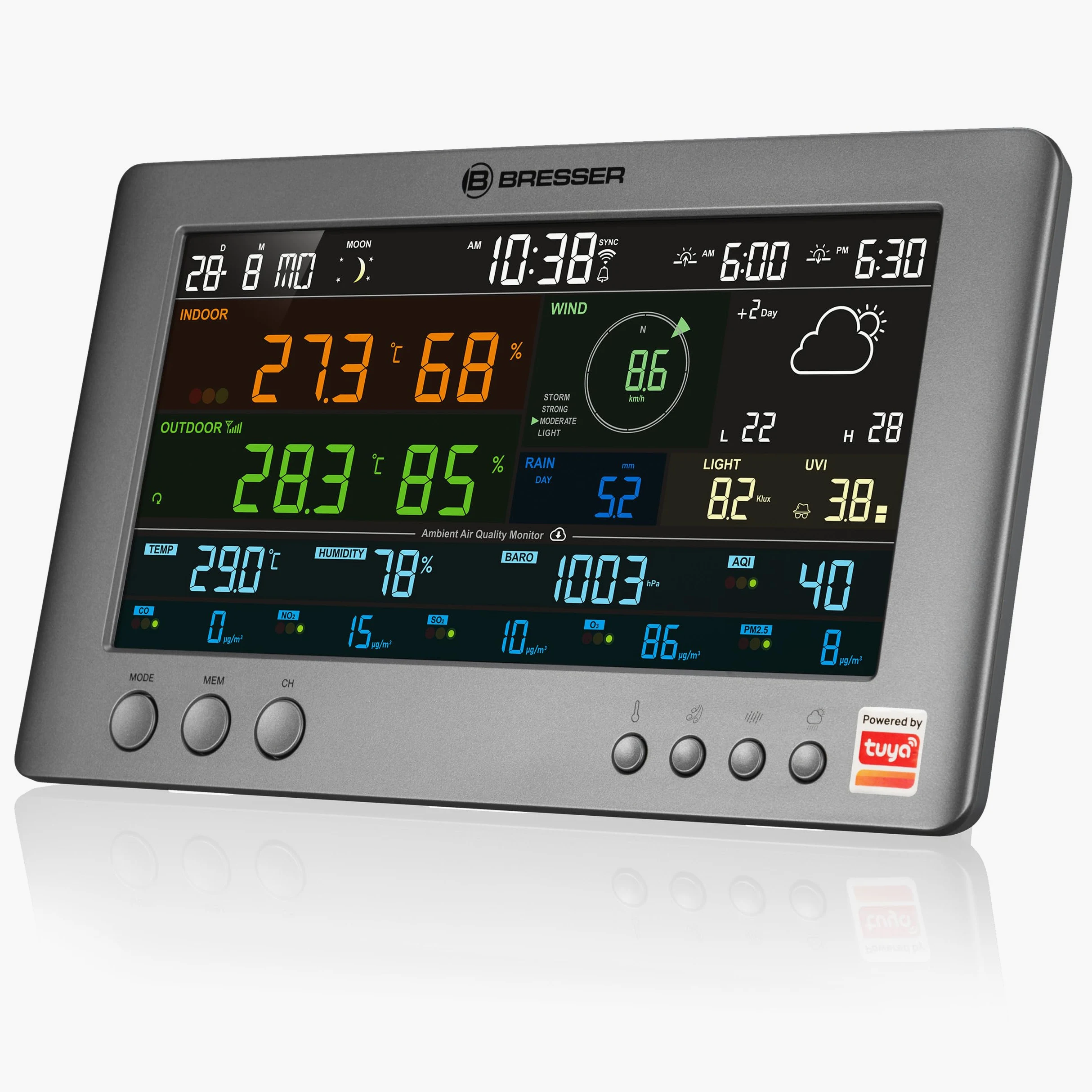 Bresser Tuya Stazione meteo professionale Wifi con sensore 7 in 1 | Temperatura interna ed esterna, umidità, pluviometro, anemometro, previsioni 6 giorni, app Tuya, qualità aria