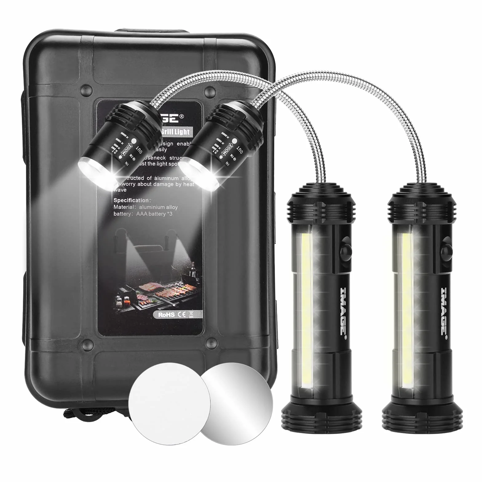 IMAGE Luce per barbecue, confezione da 2 luci magnetiche per barbecue, con lampada laterale, zoomabile, regolabile a 360°, accessori per barbecue per campeggio, picnic, officina, illuminazione garage