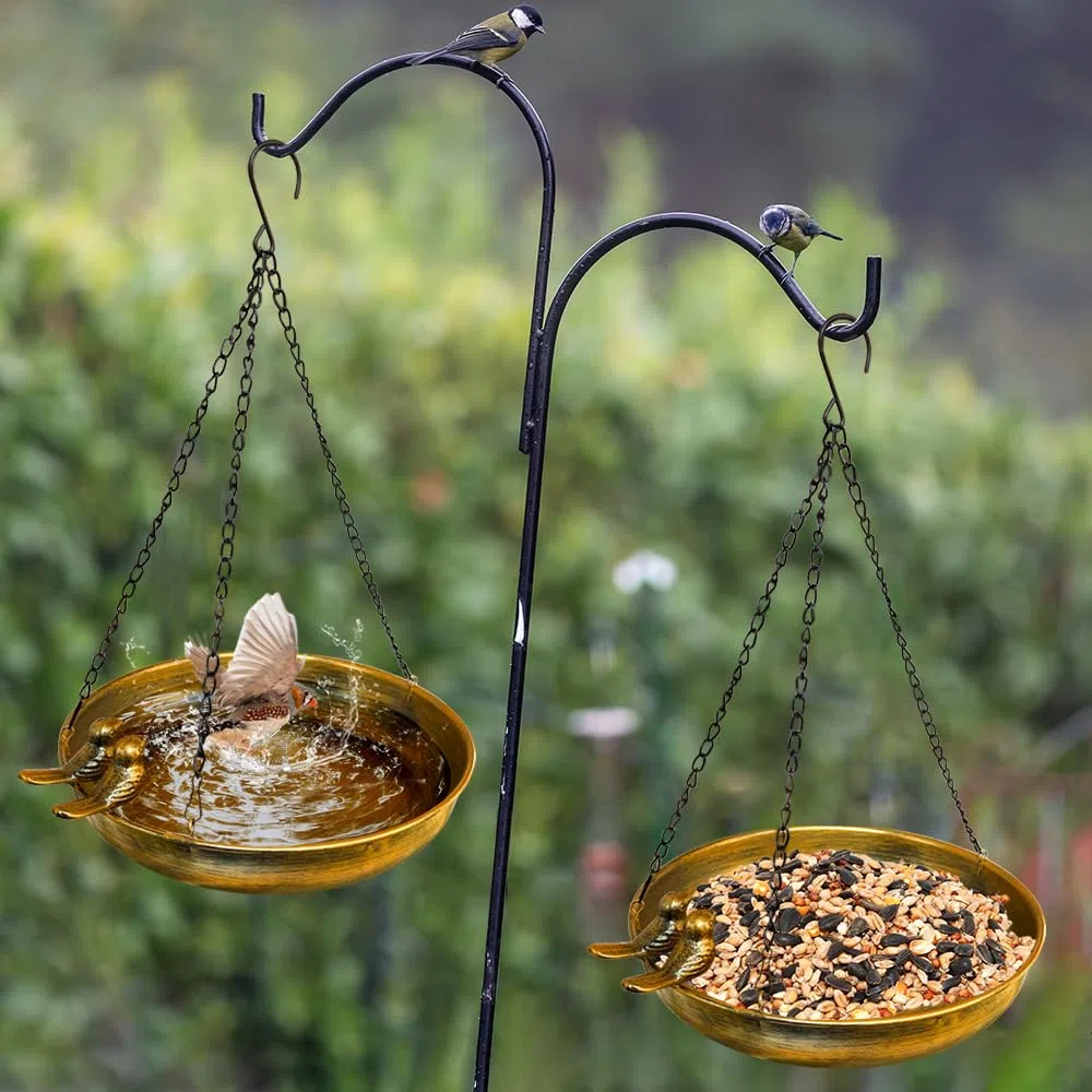 Mangiatoia per uccellini da esterno appendere, abbeveratoio per uccelli con uccellini decorativi in metallo balcone e terrazzo, beverino uccelli selvatici da giardino, bird feeder